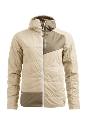 Beige and olive green insulated jacket with a hood, featuring a diagonal design, quilted texture, front zipper, and logo detail.