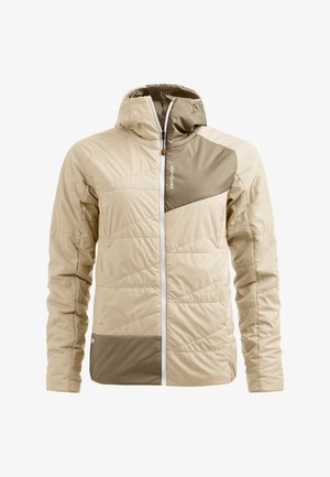 Beige und olivgrüne isolierte Jacke mit Kapuze, diagonalem Design, gestepptem Muster, vorderem Reißverschluss und Logo-Details.