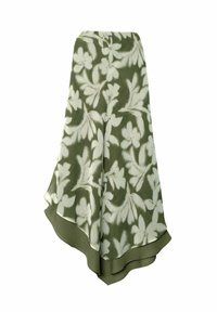 Falda verde aceituna con estampado floral blanco, dobladillo asimétrico y detalle de volantes en capas.