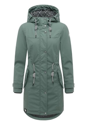 Imperméable vert sauge pour femmes avec capuche, devant boutonné, manches longues et cordons réglables à la taille et à la capuche.