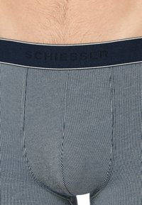 Boxeurs pour hommes rayés bleu marine et blanc avec une taille noire portant un texte en relief. Matériau en mélange de coton avec un léger stretch.