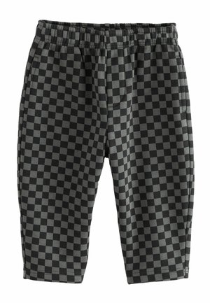 Pantalon à carreaux noirs et gris avec une taille élastique et des jambes droites, présenté à plat sur fond blanc.