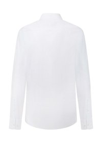 Camicia bianca a maniche lunghe con colletto classico, polsini abbottonati, texture liscia e design minimalista. Vista posteriore senza motivi.