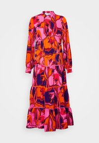 Maxi-jurk met lange mouwen in een levendig roze, oranje en paarse bloemenpatroon, met gerofte lagen en een mandarin-kragen. Glad stof.