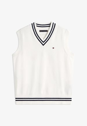 Bijeli prsluk bez rukava s V-izrezom, tamnoplavi i bijeli prugasti rub na ovratniku i rubu, te mali Tommy Hilfiger logo na prsima.