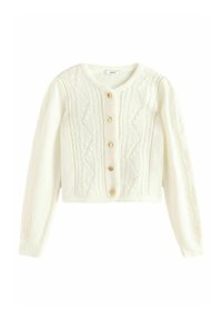 Cardigan alb tricotat cu guler rotund, mâneci lungi și croială scurtă. Prezintă modele texturate și nasturi din lemn.