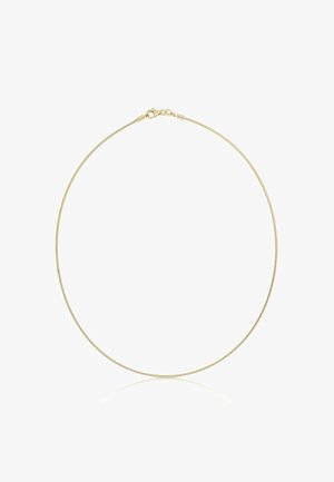 Collana in metallo color oro con design a filo sottile e flessibile. Presenta una chiusura sicura, una texture liscia e una forma circolare.