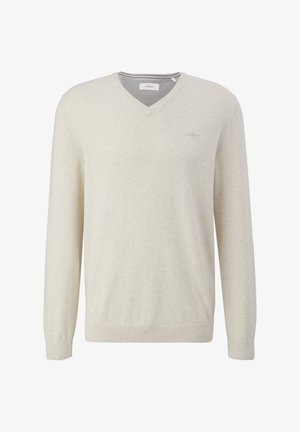 Heledadbeige V-kaelusega sviiter, mis on valmistatud pehmest kangast. Omab pikki varrukaid, soonikuid mansette ning väikest logo vasakul rinnal.