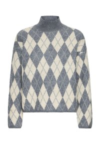 Maglione argyle grigio e crema con colletto alto, realizzato in morbido materiale a maglia, caratterizzato da una vestibilità comoda e spalle scese.