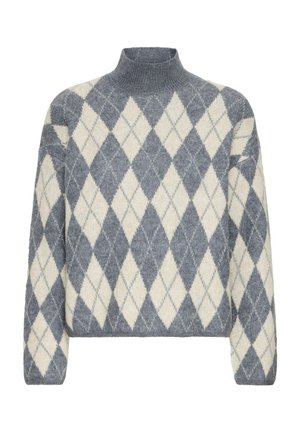 Suéter de patrón argyle en gris y crema con cuello alto, hecho de material de punto suave, con un ajuste holgado y hombros caídos.
