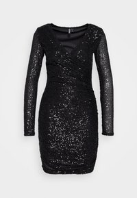 Black sequined dress with long sleeves and a V-neckline. Fitted silhouette with a textured surface from overlapping sequins.