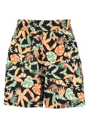 Shorts en tissu noir avec un imprimé tropical de feuilles et de fleurs en vert, orange et beige, dotés d'une taille élastique et de poches latérales.