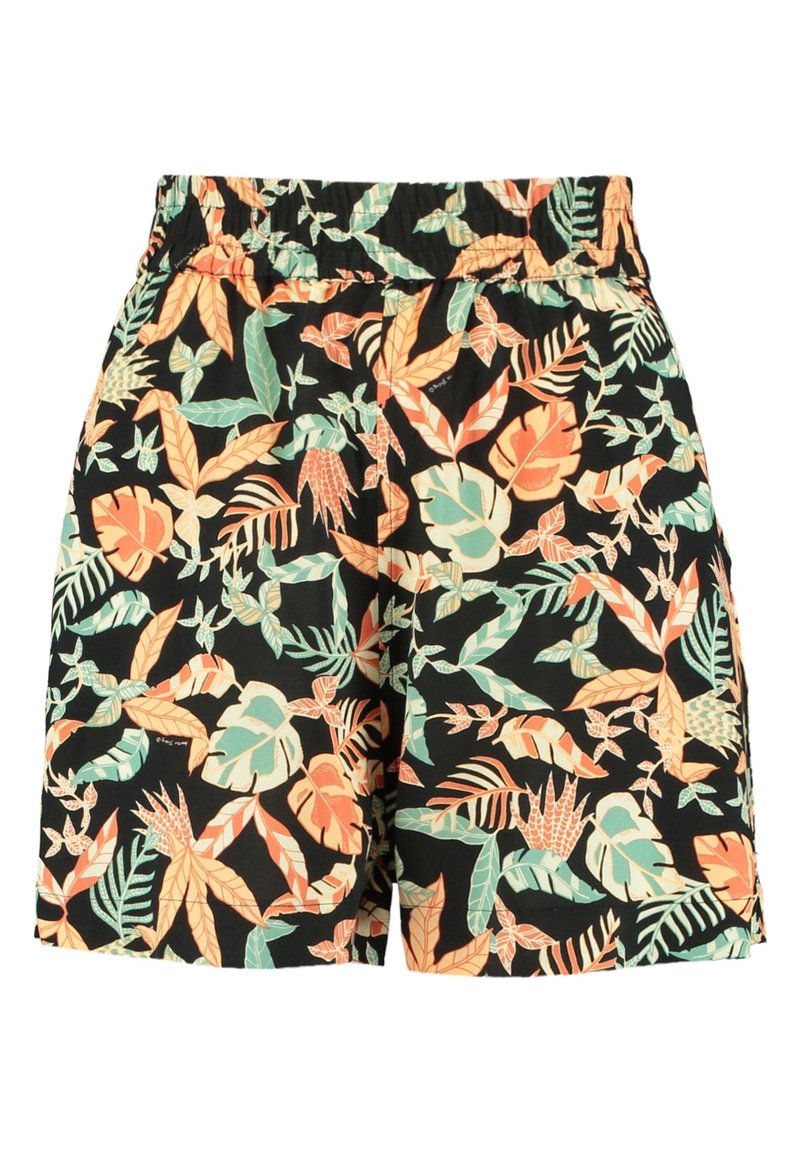 Shorts en tissu noir avec un imprimé tropical de feuilles et de fleurs en vert, orange et beige, dotés d'une taille élastique et de poches latérales.
