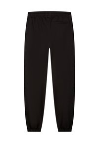 Zwarte jogger broek gemaakt van een gladde, rekbare stof. Beschikt over een elastische tailleband en aansluitende boorden bij de enkels. Inclusief een achterzak.