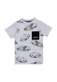 T-shirt in cotone grigio con illustrazioni di auto nere. Collo rotondo, maniche corte e una tasca nera con etichetta "BUGATTI".