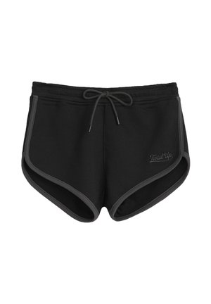 Pantalones cortos deportivos negros con una cintura ajustable, acentos grises y un sutil detalle de logo. Tejido suave con un ajuste relajado y dobladillo redondeado.