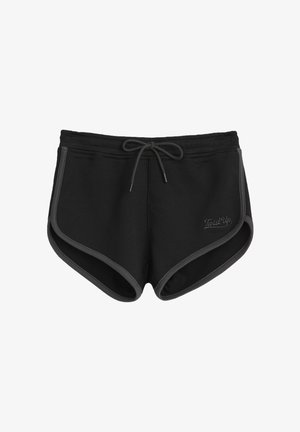 Czarne spodenki sportowe z elastycznym paskiem na sznurku, szarymi akcentami i subtelnym logo. Miękki materiał, luźny krój oraz zaokrąglony dół.