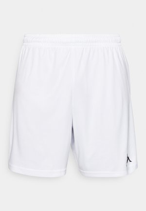 Fehér sportos rövidnadrág, könnyű anyagból készült, rugalmas derékkal és fekete logóval az alsó bal lábon.