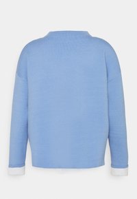 Hellblaues Sweatshirt mit Rundhalsausschnitt, überschnittenen Schultern und langen Ärmeln. Mit weißen Bündchen und einer weichen, strukturierten Oberfläche.
