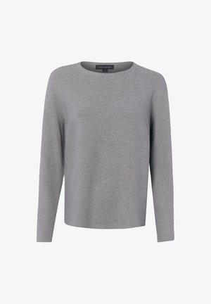 Hellgrauer langärmeliger Strickpullover mit rundem Halsausschnitt und subtiler Rippenstruktur, innen am Kragen mit dem Label Franco Callegari.