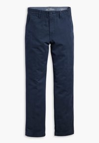 Chinos bleu marine à jambe droite avec fermeture avant par bouton et zip, passants pour ceinture et poches latérales, présentés sur fond blanc.