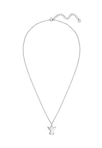 Strieborný náhrdelník s príveskom v tvare anjela, ktorý obsahuje malý priehľadný drahokam. Reťaz má nastaviteľný zámok.