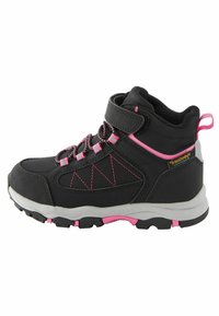 Scarponcino da hiking nero con accenti rosa, fascia in velcro, superiore testurizzato, colletto imbottito e suola esterna in gomma con trazione.