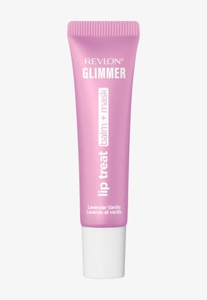 Tube de baume et masque pour lèvres Revlon Glimmer en rose, parfum Lavande Vanille, avec bouchon blanc et texte à l'avant.