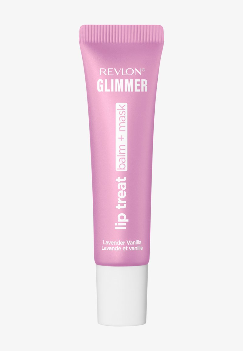Tube de baume et masque pour lèvres Revlon Glimmer en rose, parfum Lavande Vanille, avec bouchon blanc et texte à l'avant.