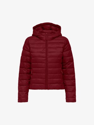 Rdeča podložena jakna s kapuco, z zapenjanjem spredaj na zadrgo, prešito teksturo in stranskimi žepi. Material se zdi gladek in lahek.