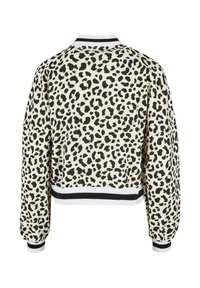 Jakna bomber s uzorkom leoparda, krem osnova, crne mrlje, rebrasti ovratnik i manžeti, skraćeni dizajn, elastična donja ivica, meki materijal.