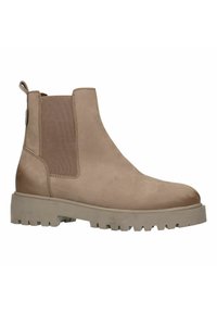 Beige Leder-Ankle-Boot mit elastischer Seitenpartie, strukturiertem Finish und einer dicken, robusten Sohle. Verfügt über eine Zuglasche für einfaches Anziehen.