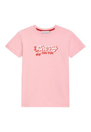 Rosa Baumwoll-T-Shirt mit kurzen Ärmeln, auf dem in Rot der Text "I Cherry-ISH YOU" mit Kirschmotiven abgebildet ist. Rundhalsausschnitt mit glatter Textur.