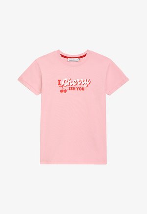 Rosa Baumwoll-T-Shirt mit kurzen Ärmeln, auf dem in Rot der Text "I Cherry-ISH YOU" mit Kirschmotiven abgebildet ist. Rundhalsausschnitt mit glatter Textur.