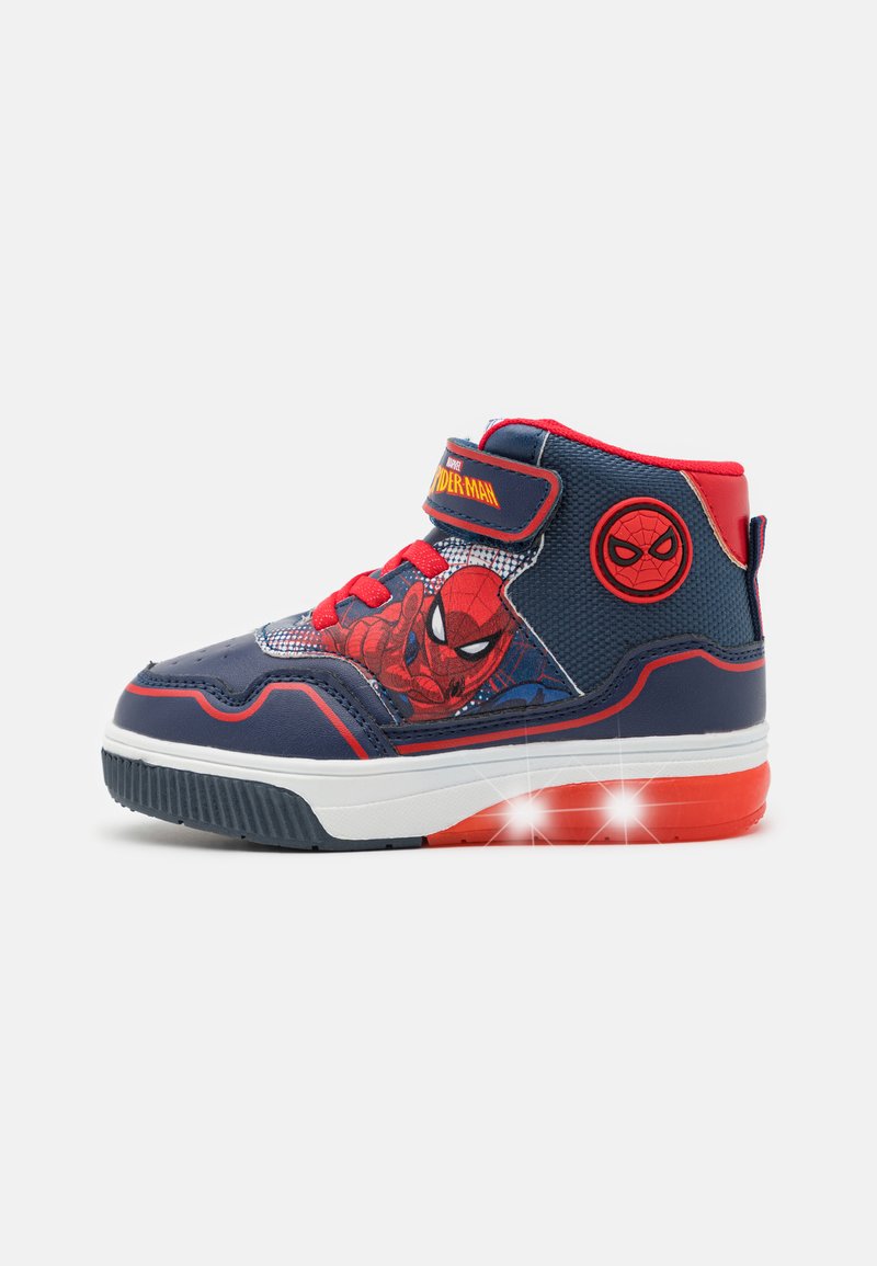 High-top children's sneakers made of navy synthetic material, red accents, featuring a Spider-Man graphic and LED lights on the sole.