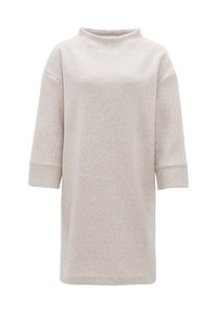 Robe gris clair jusqu'aux genoux, confectionnée dans un tissu doux et texturé. Elle présente un col montant et des manches trois-quarts avec des revers roulés.