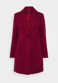 Blazer burdeos de mezcla de lana con cuello de solapa, cierre de un solo botón, dos bolsillos delanteros y forro interior suave.