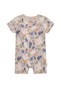 Beżowy kombinezon z krótkim rękawem wykonany z miękkiego materiału, z kolorowym wzorem owoców i liści, trzema drewnianymi guzikami przy dekolcie oraz bocznym rozcięciem.