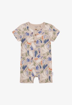 Světle hnědý body s krátkým rukávem vyrobené z měkké tkaniny, zdobené barevným vzorem ovoce a listů, třemi dřevěnými knoflíky na výstřihu a bočním rozparkem.