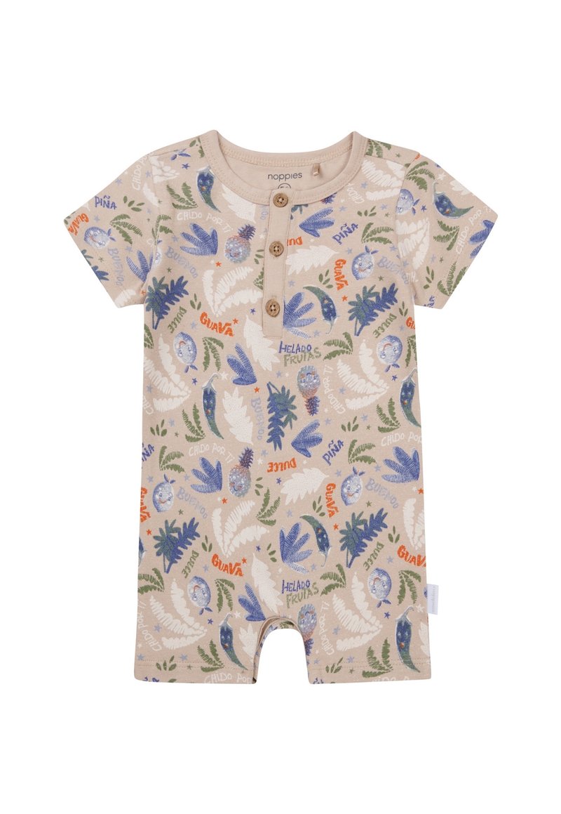 Beżowy kombinezon z krótkim rękawem wykonany z miękkiego materiału, z kolorowym wzorem owoców i liści, trzema drewnianymi guzikami przy dekolcie oraz bocznym rozcięciem.