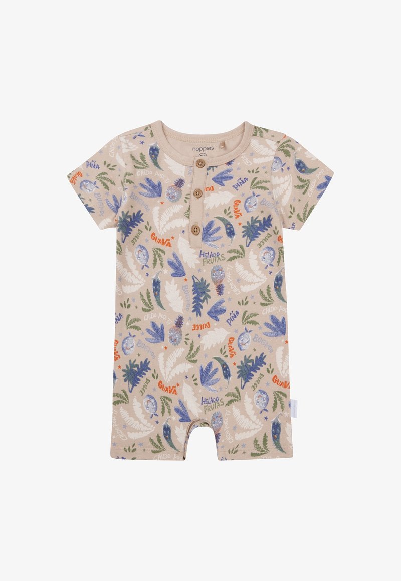 Beżowy kombinezon z krótkim rękawem wykonany z miękkiego materiału, z kolorowym wzorem owoców i liści, trzema drewnianymi guzikami przy dekolcie oraz bocznym rozcięciem.