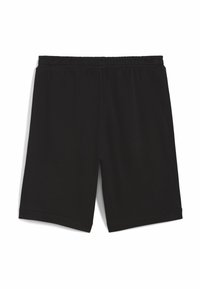 Bermudas de algodón negras con cintura elástica, que cuentan con un corte relajado y diseño de pierna recta. Textura suave, sin herrajes ni acentos visibles.