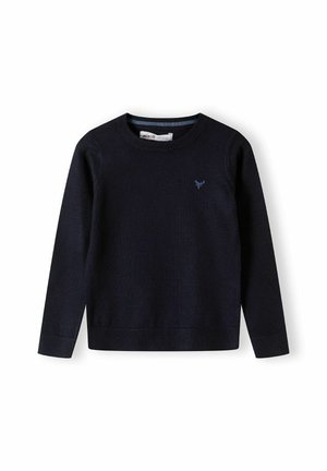 Navy blue knitted sweater with long sleeves, round neckline, and ribbed cuffs and hem. Features a small, blue deer emblem on the chest.