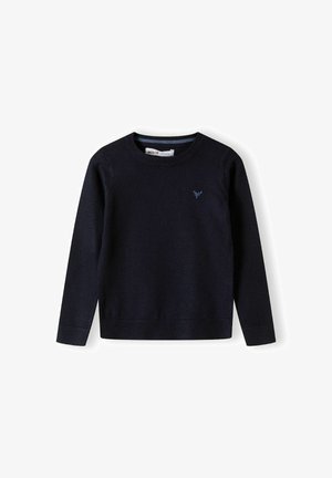 Navy blue knitted sweater with long sleeves, round neckline, and ribbed cuffs and hem. Features a small, blue deer emblem on the chest.