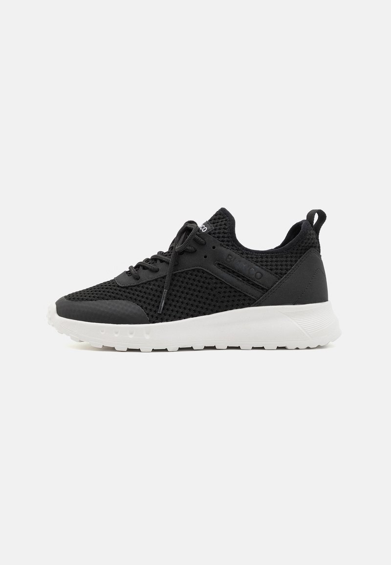 Black athletic shoes with mesh upper, round toe, lightweight white sole, and black laces. Features a padded collar and subtle side accents.