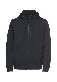 Marineblå hoodie lavet af blød stof, med fuld lynlås, justerbar snor, frontlommer og et lille logo på brystet.