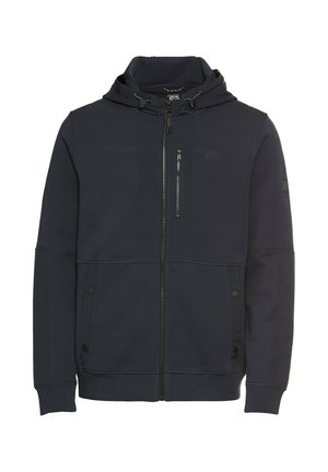 Marineblå hoodie lavet af blød stof, med fuld lynlås, justerbar snor, frontlommer og et lille logo på brystet.