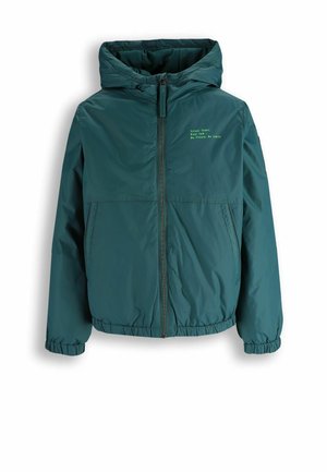 Kurtka z kapturem w kolorze zielono-niebieskim z przednim zamkiem błyskawicznym, elastycznymi mankietami, dwoma bocznymi kieszeniami oraz żółtym napisem na lewej piersi: "Street Talent Real Talk".