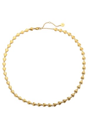 Gold necklace with linked heart-shaped charms and adjustable chain clasp on white background.