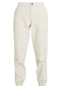 Beige bavlněné jogger kalhoty s zapínáním na knoflík, elastickými manžetami, dvěma postranními kapsami a volným střihem. Hladký povrch a ležérní design.